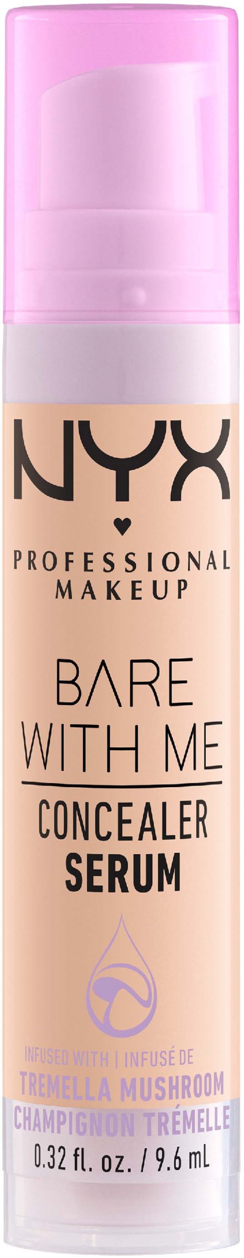 Een blik op een NYX concealer serum fles met roze dop, beige lichaam en zwarte tekst, gelabeld "Bare With Me."