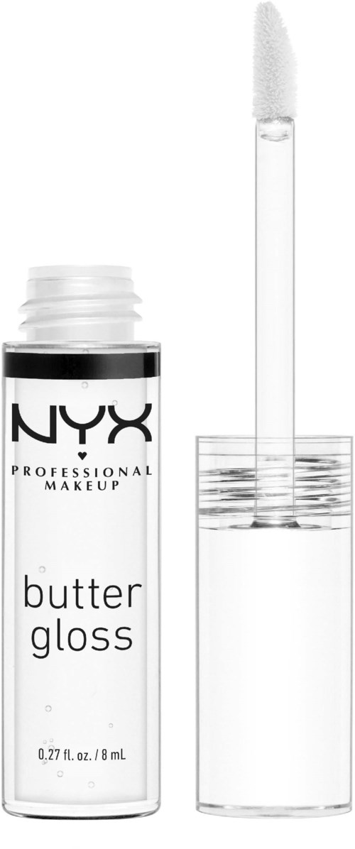 Klare Tube mit NYX-Logo, Beschriftung 'butter gloss' und Applikator über einem Lipgloss-Behälter.
