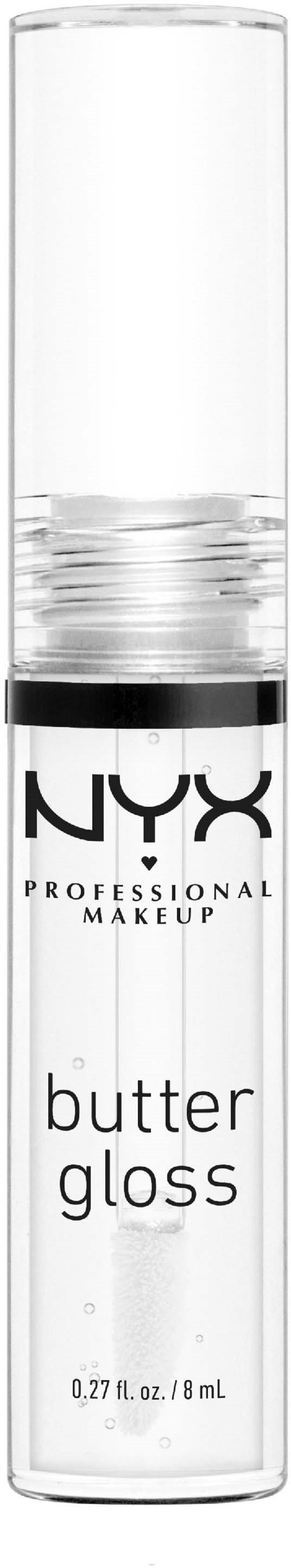 Klares Lipgloss-Flasche mit schwarzem und weißem NYX-Logo und den Worten "butter gloss."