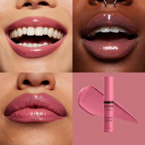 Huulten kiiltojauhe käytössä neljällä eri huulilla, ja pinkki NYX Butter Gloss -putki näkyvissä.