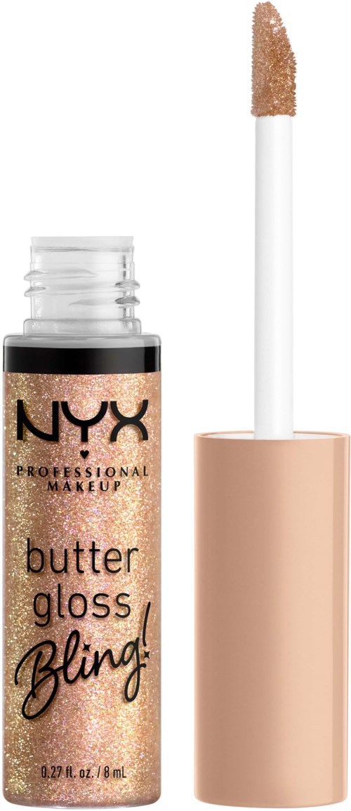 Eine kleine Flasche NYX butter gloss mit Applikator, der die Gloss innen zeigt. Die Flasche ist hellrosa.