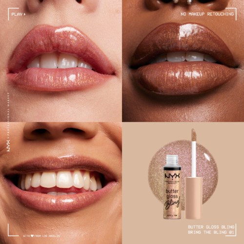 Vier Nahaufnahmen zeigen verschiedene Lippenlooks mit Glanz und Lippenstift, alle mit lachenden Ausdrücken, und ein NYX Butter Gloss Produkt.