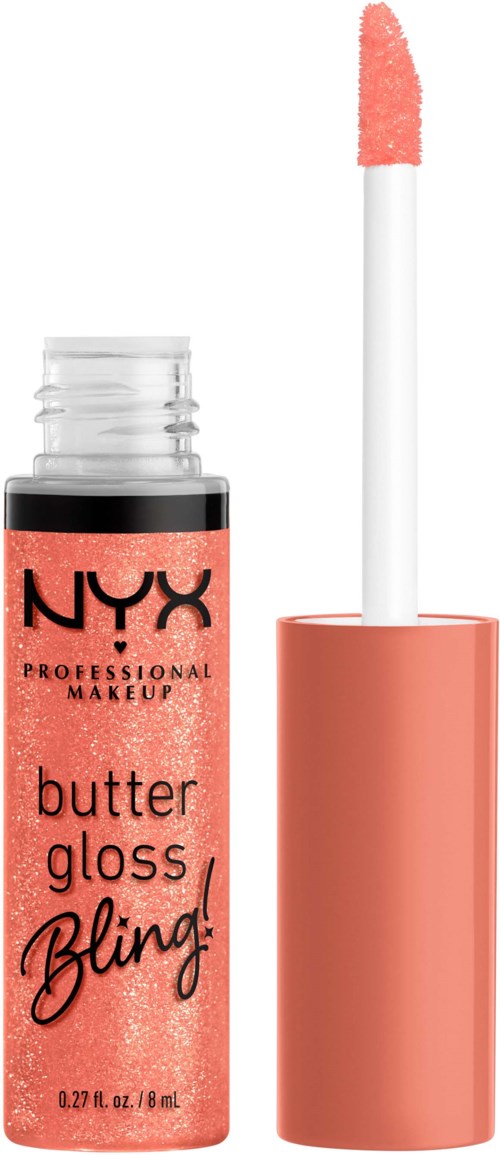 Ein Lippenstiftflasche mit der Aufschrift "NYX Professional Makeup Butter Gloss Bling!", ohne Applikator, zeigt hellrosa Glanz.