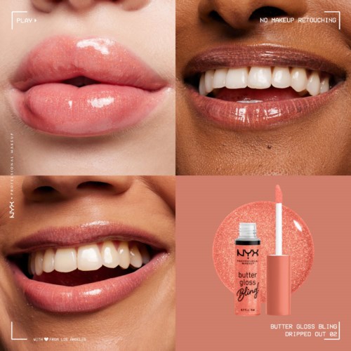 Nahaufnahme von Lippen vor und nach dem Glanz, mit Lippenstiftflasche und Farbprobe. Lächelnde Gesichter zeigen glänzende, rosa Lippen.