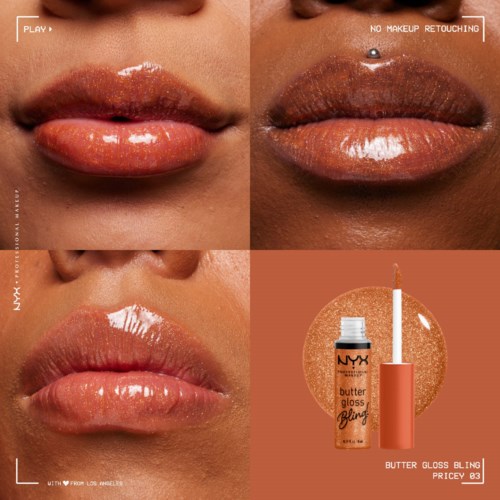 Nahaufnahme der Lippen mit glänzender Butter Gloss, zeigt vor und nach der Anwendung, mit NYX Butter Gloss Verpackung.