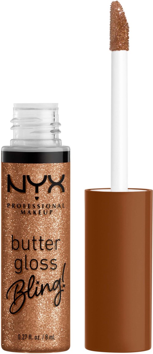 Kleiner Tube NYX butter gloss in schimmerndem Braun, mit Applikatorschwämmchen ausgestreckt.