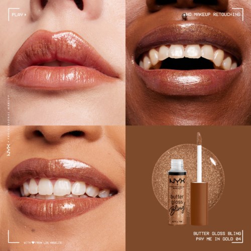 Nahaufnahme von Lippen mit Glanz, lachender Mund mit Zähnen, und NYX Butter Gloss Produktbild.