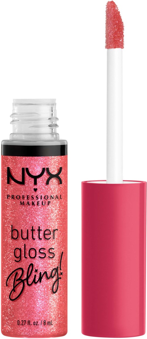 Lippenpflegestift mit rosa Kappe und Applikator, beschriftet NYX Butter Gloss Bling! in pink und schwarz.