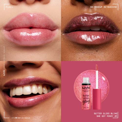 Lippen gloss verleiht den Lippen Glanz, macht sie glänzend und frisch. Das Produkt heißt 'NYX Butter Gloss Bling.'