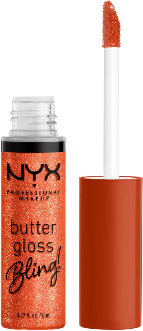 NYX butter gloss in kleiner Tube mit weißem Applikator, orange Kappe und orange Gloss.