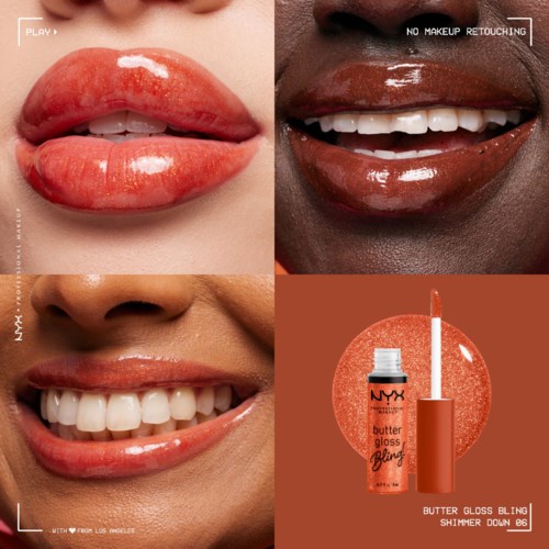 Lippen-Gloss in verschiedenen Zuständen: glänzend, ohne Make-up-Retusche und glänzend mit Lächeln.