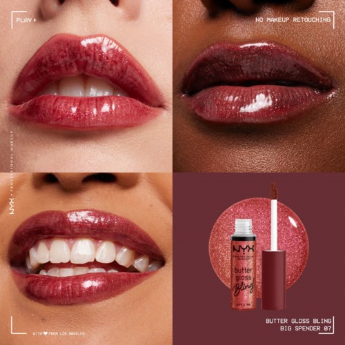 Nahaufnahme von Lippen mit unterschiedlichen Glanz-Styles, mit einer NYX Lipgloss-Flasche unten rechts.