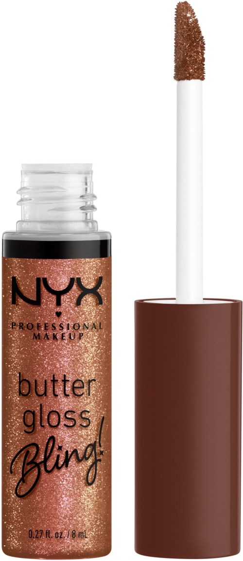 NYX Butter Gloss in brauner Tube, Applikatorschwamm zeigt Gloss, Etikett sagt Butter Gloss Bling.