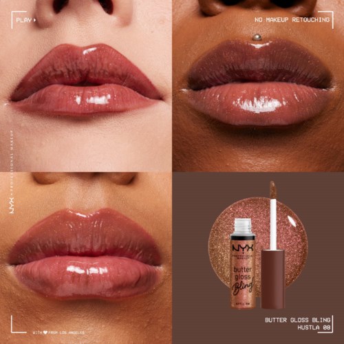 Nahaufnahme von Lippen mit glänzendem Make-up und Lipgloss, die verschiedene Farbtöne und Oberflächen zeigen.