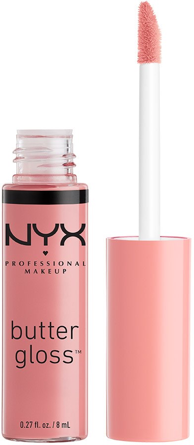 Lippen Gloss in rosa Flasche mit weißem Applikator. Marke ist NYX, genannt butter gloss.