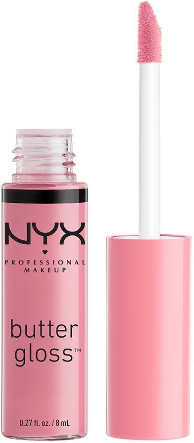 Ett NYX butter gloss läpprodukt i ett rosa rör med en applikatorborste.