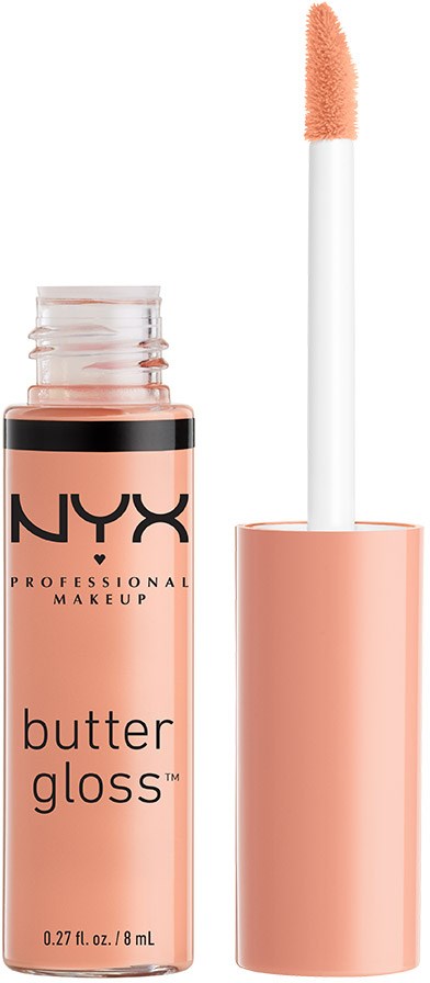 Eine Lipglossflasche mit 'NYX Butter Gloss' Beschriftung und Applikatorspitze daneben.
