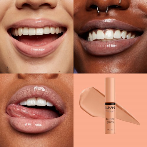 Kolme läheltä otettua hymyilevää suut kuvat, joissa on hampaat ja huulet, ja NYX butter gloss huulten kiiltovedinput.