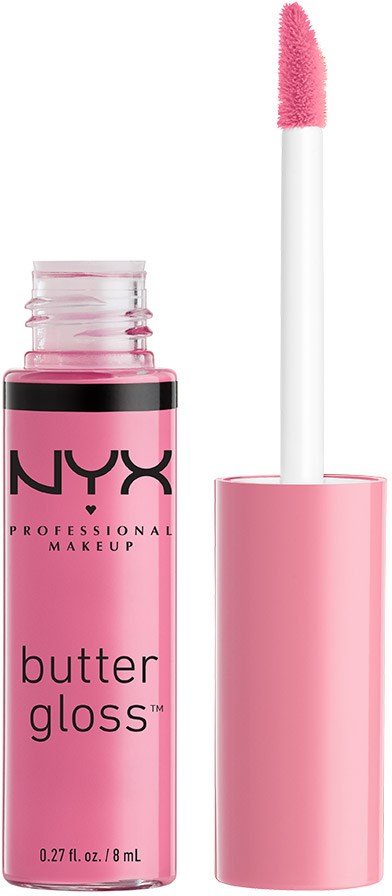 En rosa NYX Butter Gloss-rör med en applikator som visar gloss på spetsen.