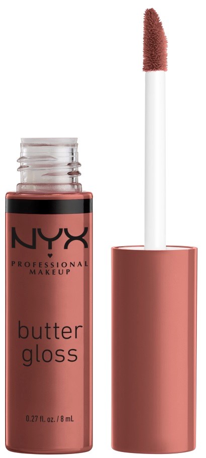 Eine Flasche NYX butter gloss mit aufgesetztem Applikator. Der Glanz ist hellrosa.