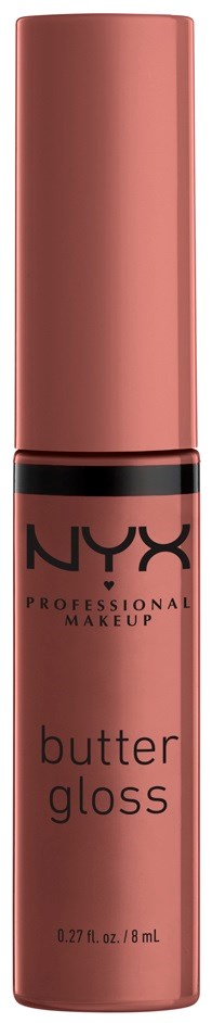 Ein rosa NYX Butter Gloss-Röhrchen mit schwarzem Text vor schwarzem Hintergrund.