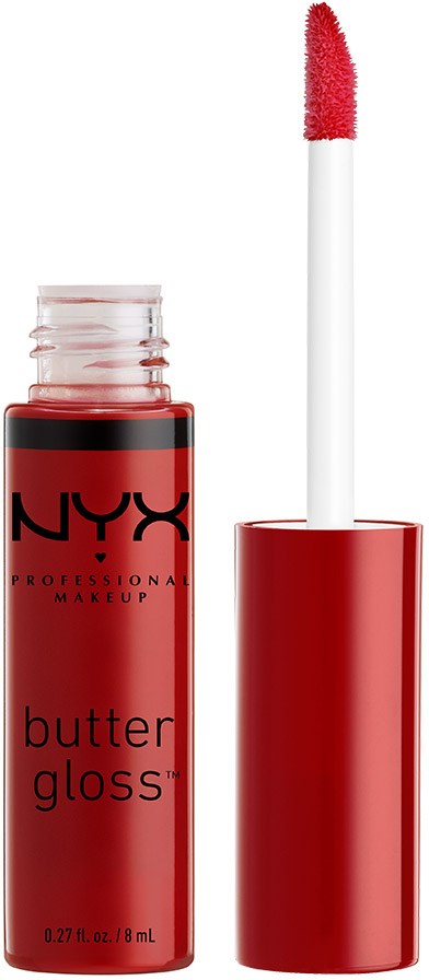 Röd NYX butter gloss-flaska med applikator, visar läppglans inuti.