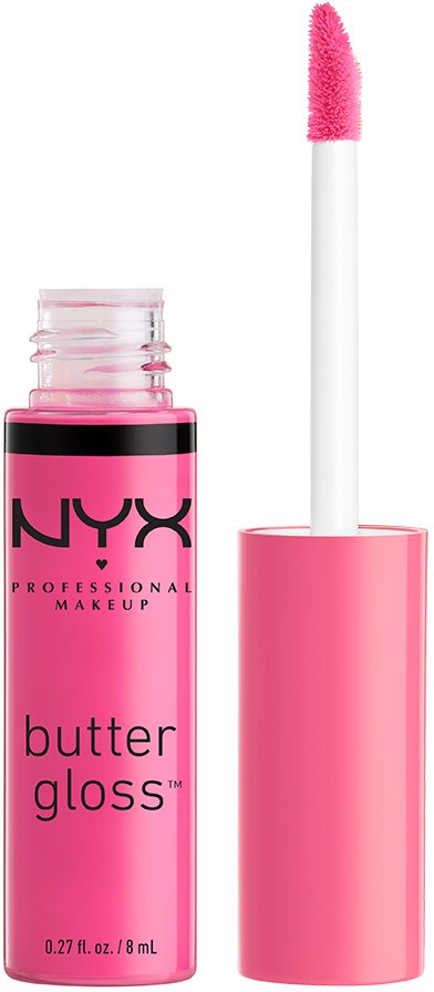Rosa läppglans med en vit applikator. Flaskan visar NYX-loggan och säger 'butter gloss.'