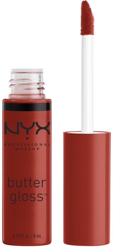 Flüssiger Lipgloss in rotem Behälter mit weißem Applikator. Marke ist NYX. Es steht 'butter gloss' drauf.