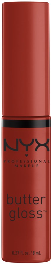 Rote Lipgloss-Hülse mit NYX Professional Makeup Markierung und den Worten 'butter gloss'.