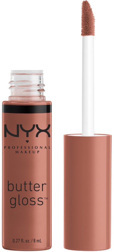 Ein NYX Butter Gloss Lipprodukt in einer klaren Flasche mit Pinselapplikator, zeigt weichen, glänzenden Glanz.