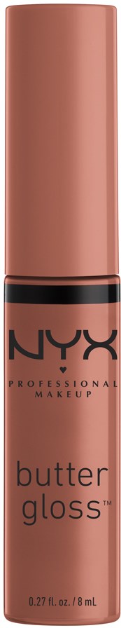 Ein NYX Butter Gloss-Tube, rosa Farbe, mit schwarzen und weißen Text, steht aufrecht.