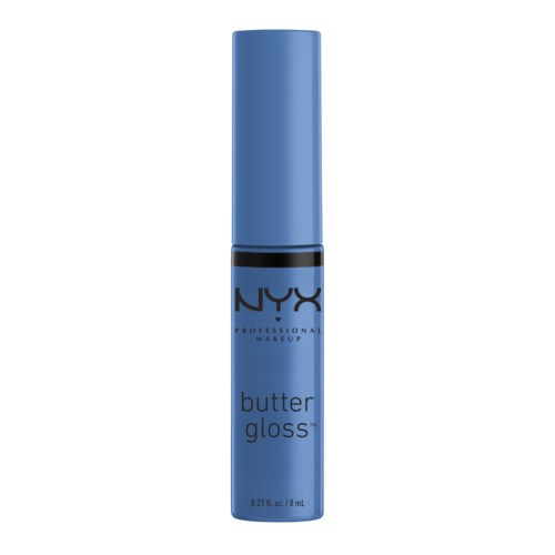 Ett blått NYX professionell makeup läppglans med svart och blå text. Det är långt och smalt.