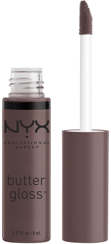En liten flaska med NYX butter gloss läppglans, med penseln bredvid.
