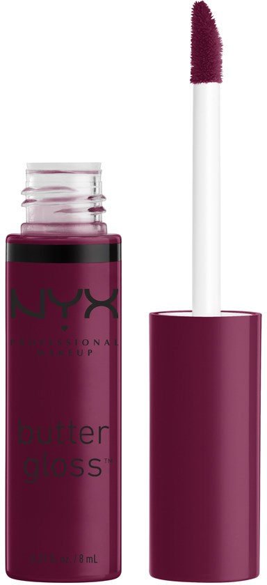 En tub med NYX butter gloss läppfärg med applicatorn bredvid, visar den mörkrosa färgen.