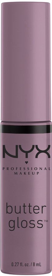 En tub med NYX Butter Gloss i ljuslila färg. Den har ett svart band och varumärke och produktnamn på.