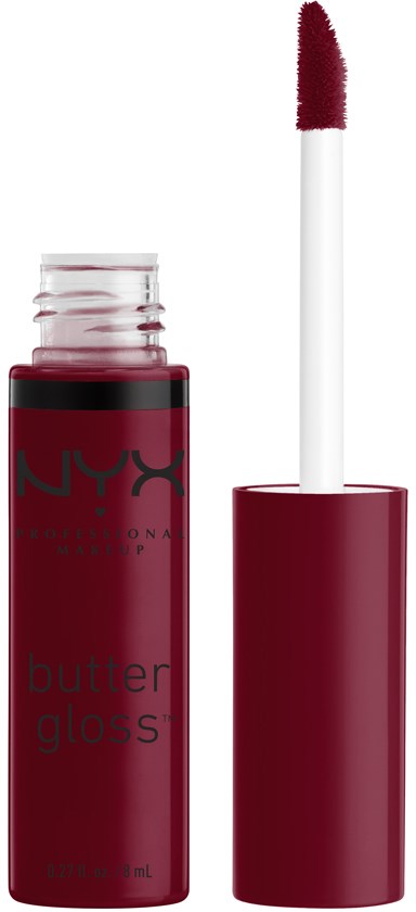 Ein bordeauxrotes Lipgloss-Röhrchen mit einem weißen Applikator und dem NYX-Logo.