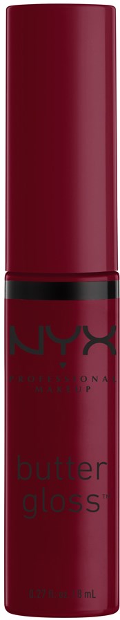 Ein roter Lipgloss-Stift mit schwarzem Text und rotem Deckel.