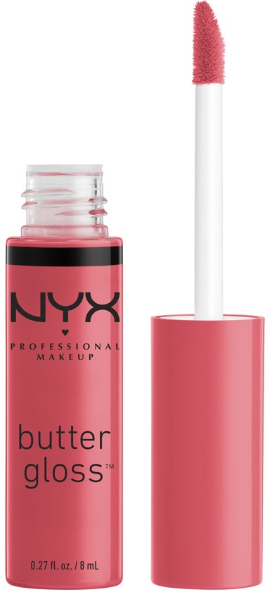 Eine pinke NYX Butter Gloss-Tube mit Applikatorspachtel. Der Deckel ist pink und der Glanz befindet sich in der Tube.