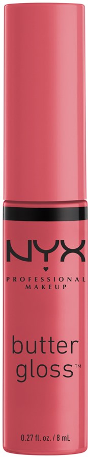 Ein rosafarbener NYX butter gloss-Röhrchen mit schwarzem Text, mit Deckel und Produktbeschreibung.