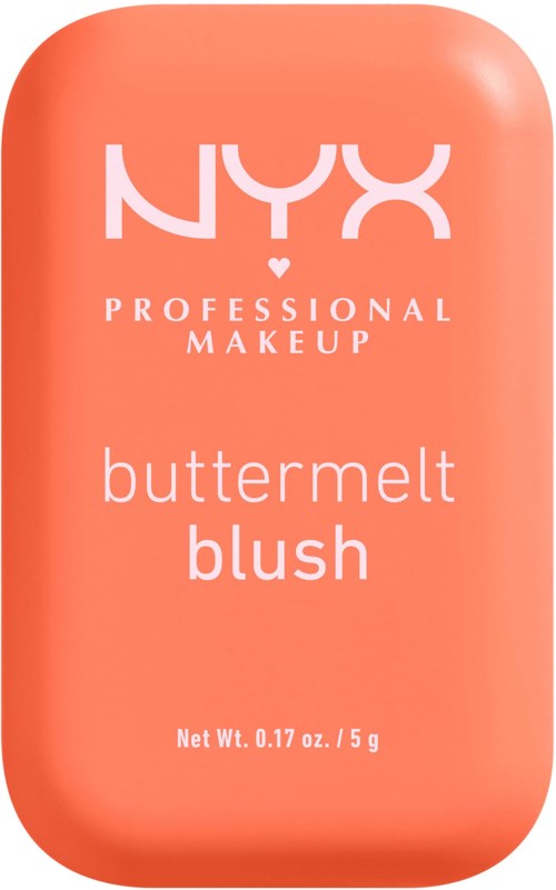 Ein pfirsichfarbiger Make-up-Komplex für Wangen mit NYX-Logo und Produktname Butter Mett Blush.