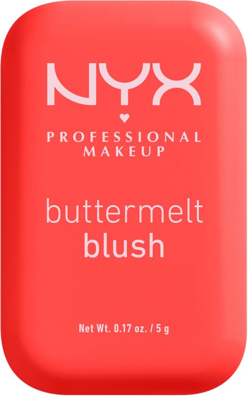 A red makeup product container with the NYX logo, labeled as buttermelt blush, 0.17 ounces.