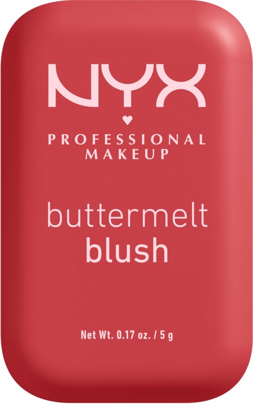 A pink cosmetics container with white text, displaying NYX Professional Makeup buttermelt blush, weight 0.17 oz.