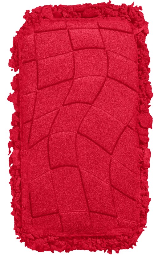 Red textured bath mat with irregular shapes and a fringe border.