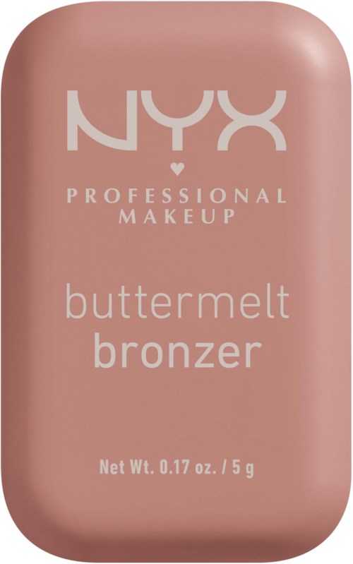 En liten, rosa sminkprodukt märkt 'NYX Professional Makeup buttermelt bronzer' med viktuppdatering.