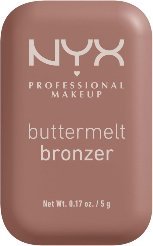 Rechteckiges Makeup-Produkt in rosa Gehäuse mit der Aufschrift 'NYX PROFESSIONAL MAKEUP buttermelt bronzer'.