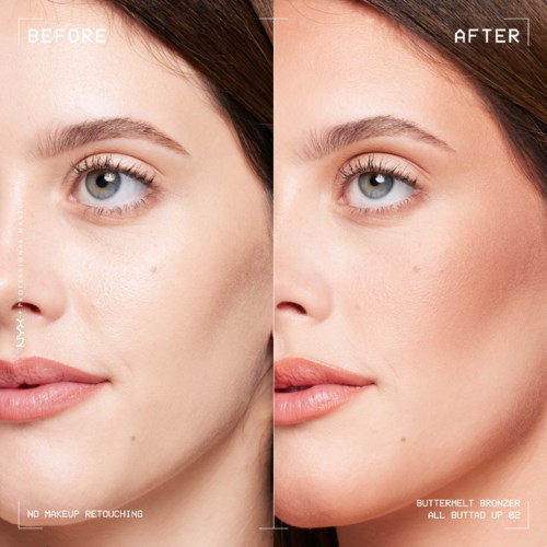 Nebeneinander eines Frauengesichts vor und nach Make-up, zeigt klarere Haut und einen natürlichen Look.