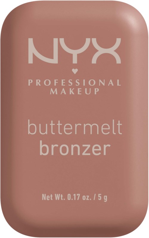A small, peach-colored makeup product labeled 'NYX Professional Makeup Butter Milt Bronzer' with a rounded rectangular shape.