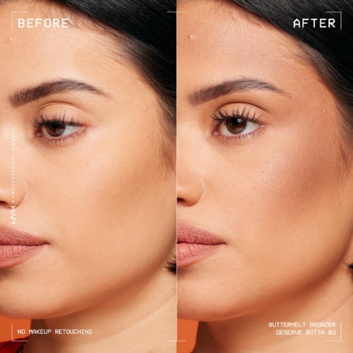 A side-by-side comparison of a woman's face before and after using a skincare product. Smooth skin, no makeup, natural look.