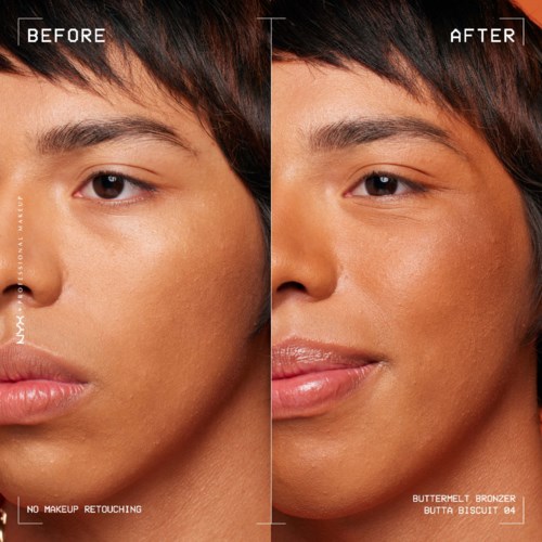 Vergelijking toont huid voor en na make-up, met een gladdere, stralende uitstraling en lippenstift toegevoegd.