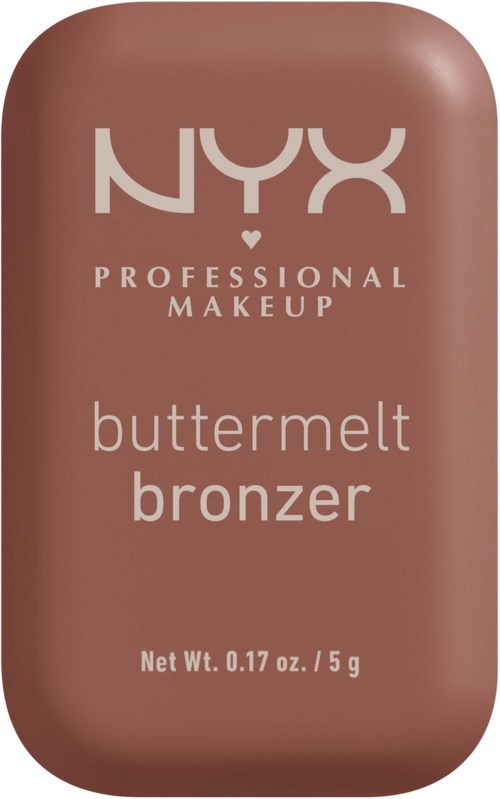 En liten, brun makeupprodukt med vitt text, märkt 'NYX Professional Makeup Butter Milt Bronzer' och väger 5 gram.